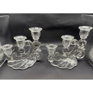 Two (2) Vintage Cambridge Caprice 3 Light Candelabra Clear Glass Candle Holders